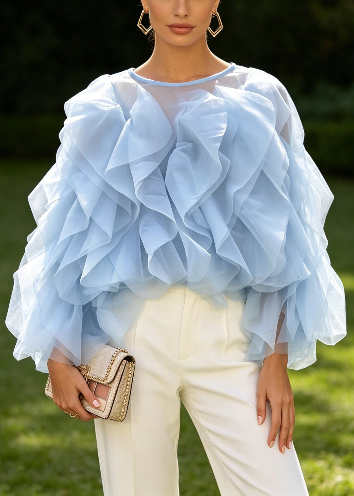Unique Blue Layered Ruffled Patchwork Chiffon Blouses Long Sleeve