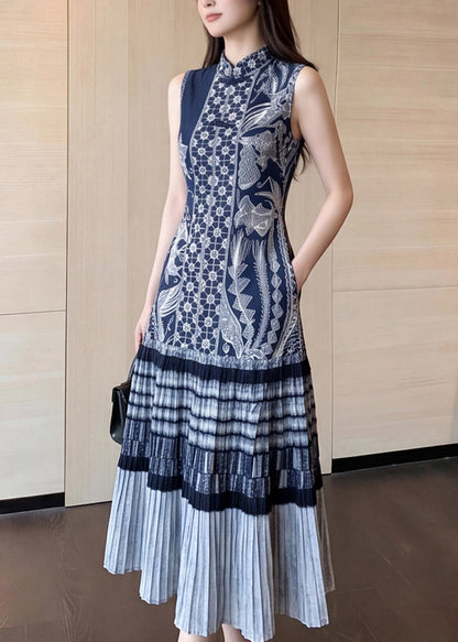 Unique Blue Mandarin Collar Print Maxi Dresses Sleeveless