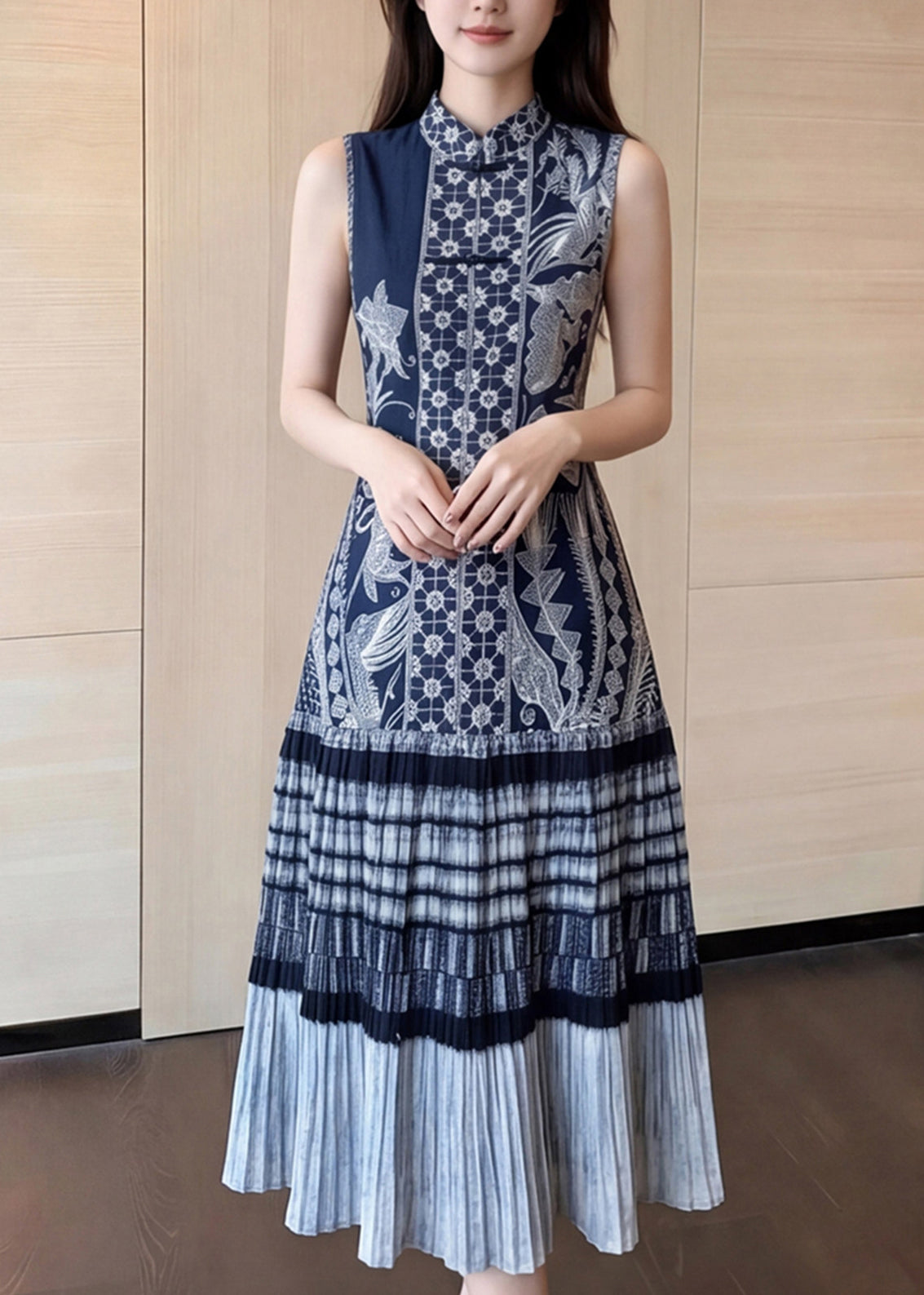 Unique Blue Mandarin Collar Print Maxi Dresses Sleeveless