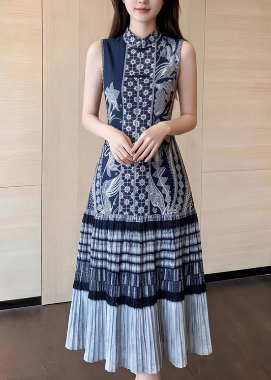 Unique Blue Mandarin Collar Print Maxi Dresses Sleeveless