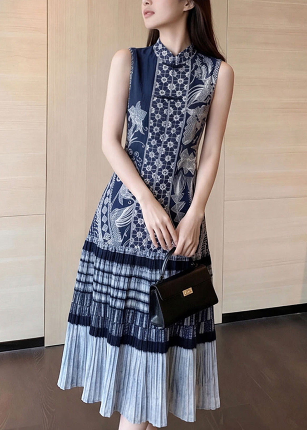 Unique Blue Mandarin Collar Print Maxi Dresses Sleeveless