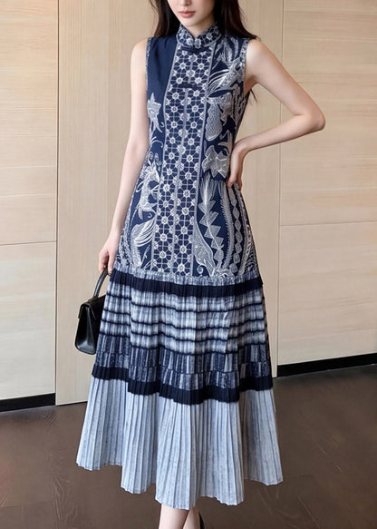Unique Blue Mandarin Collar Print Maxi Dresses Sleeveless