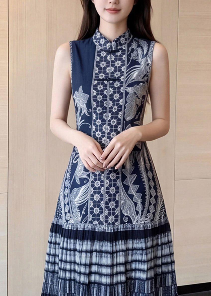 Unique Blue Mandarin Collar Print Maxi Dresses Sleeveless