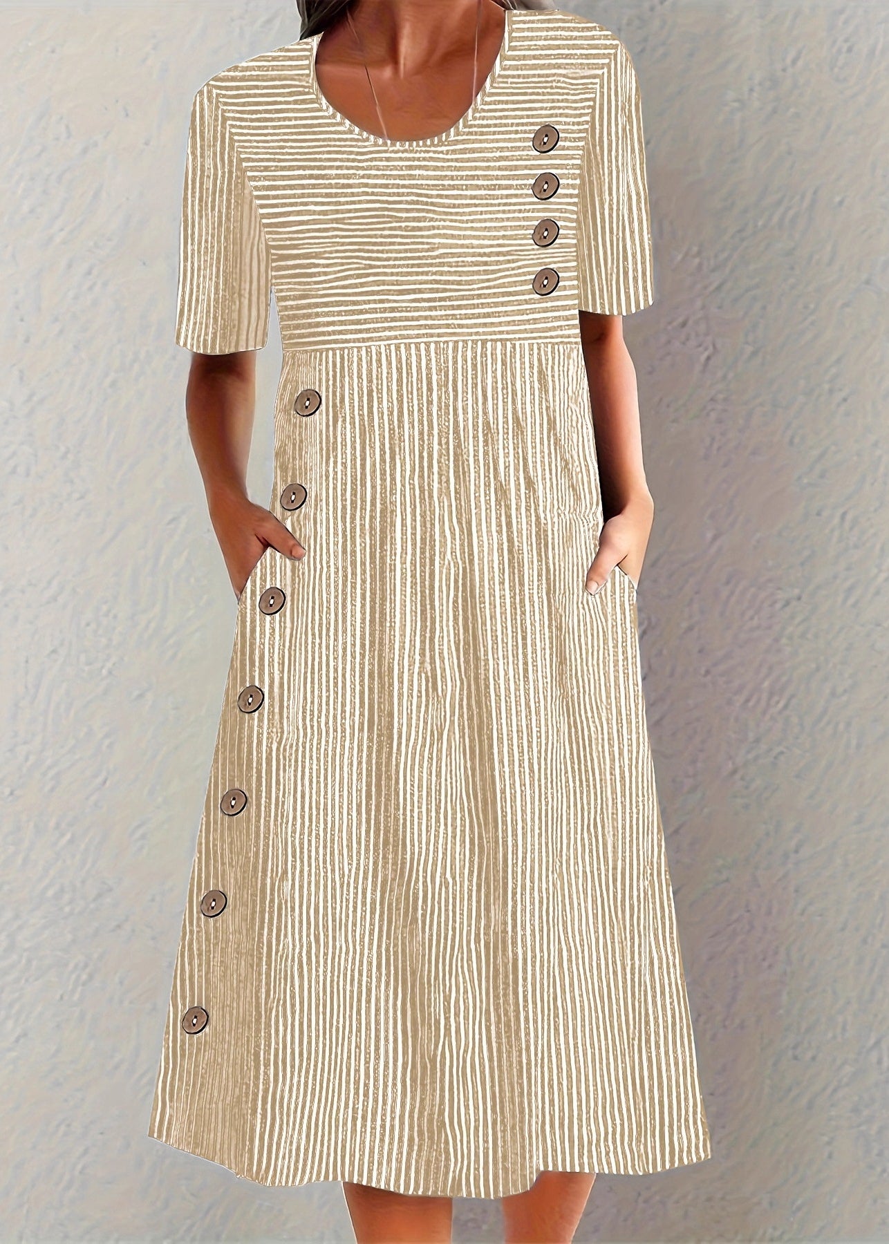 Unique Blue O Neck Striped Pockets Cotton Dress Summer