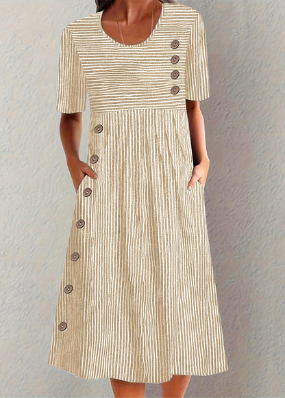Unique Blue O Neck Striped Pockets Cotton Dress Summer