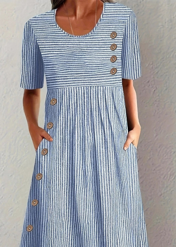 Unique Blue O Neck Striped Pockets Cotton Dress Summer