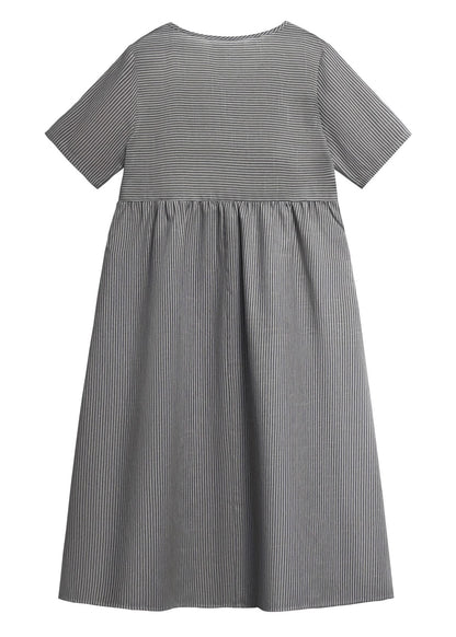 Unique Blue O Neck Striped Pockets Cotton Dress Summer