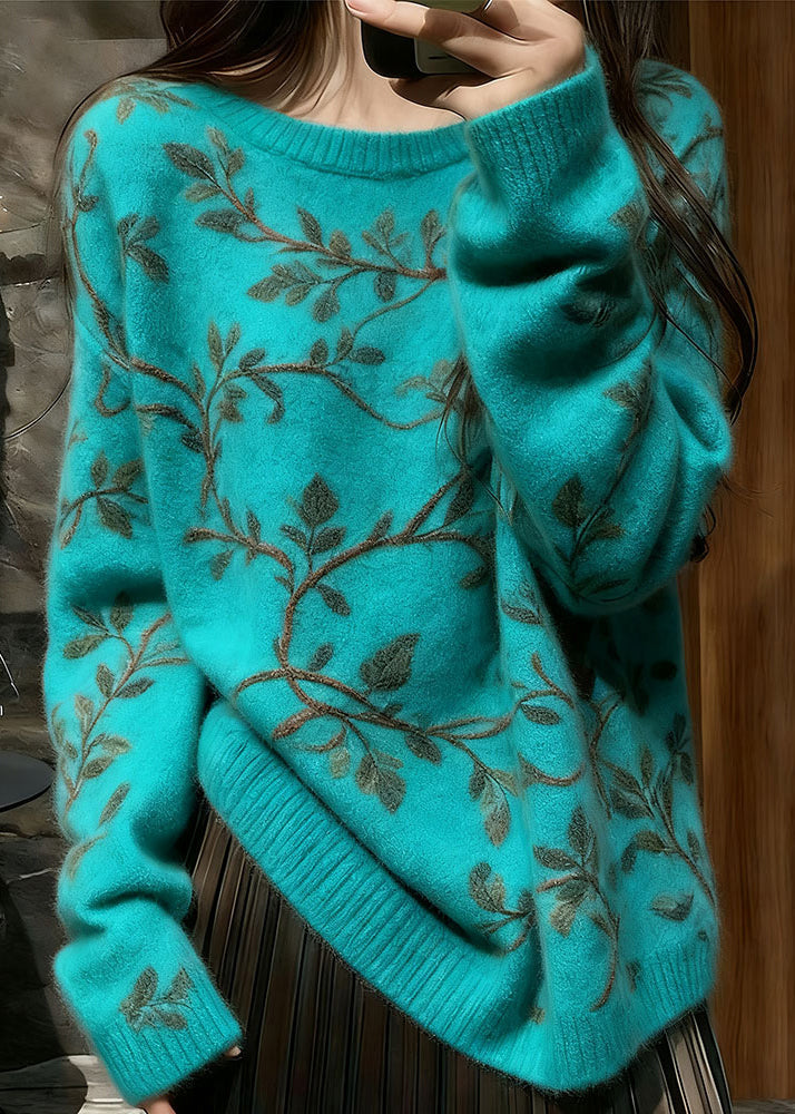 Unique Blue O Neck Thick Floral Knit Sweaters Winter