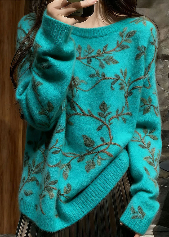 Unique Blue O Neck Thick Floral Knit Sweaters Winter