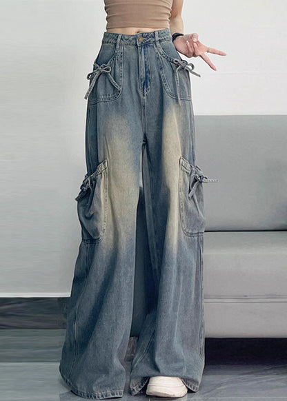 Unique Blue Oversized Pockets Denim Wide Leg Pants Spring