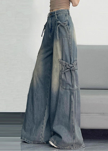 Unique Blue Oversized Pockets Denim Wide Leg Pants Spring