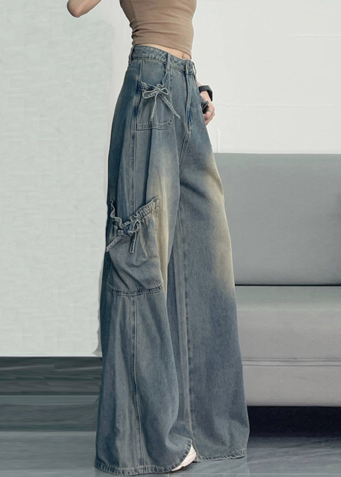 Unique Blue Oversized Pockets Denim Wide Leg Pants Spring