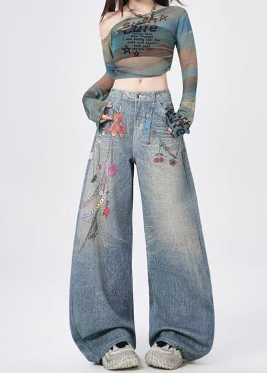 Unique Blue Oversized Print Denim Wide Leg Pants Spring