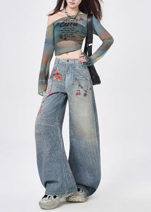 Unique Blue Oversized Print Denim Wide Leg Pants Spring