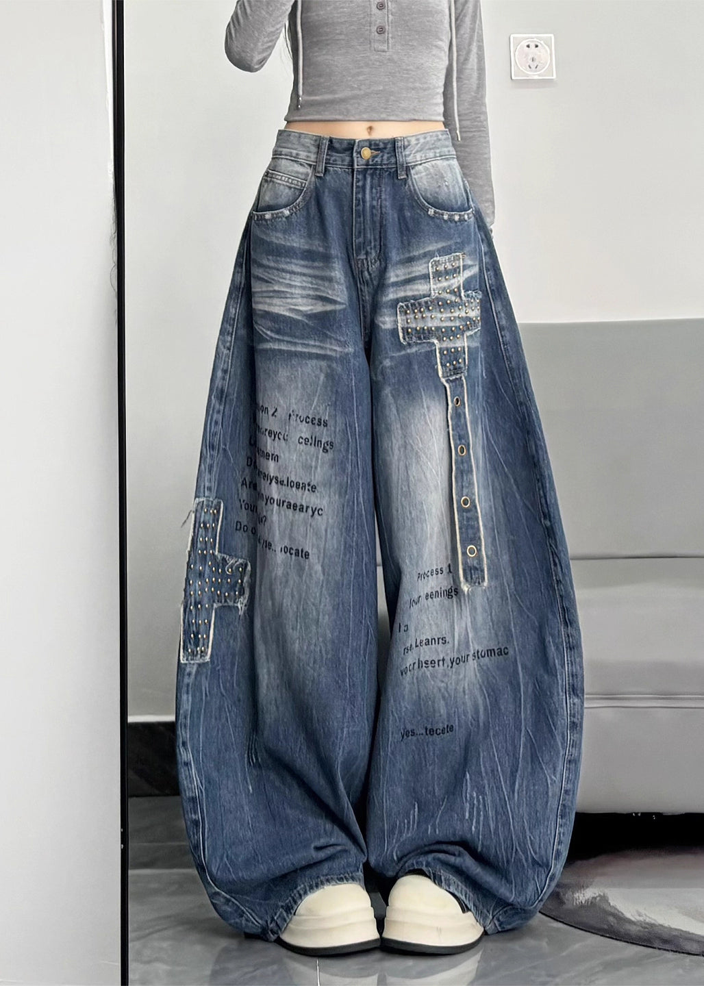 Unique Blue Oversized Rivet Warm Fleece Denim Pants Winter