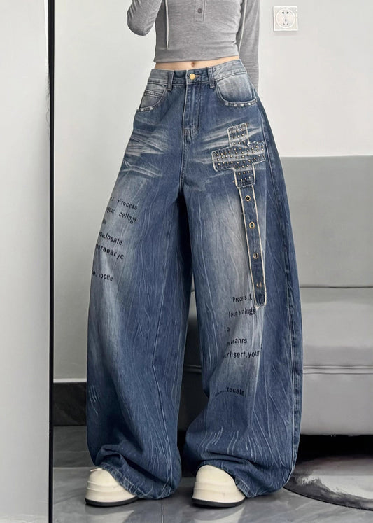 Unique Blue Oversized Rivet Warm Fleece Denim Pants Winter