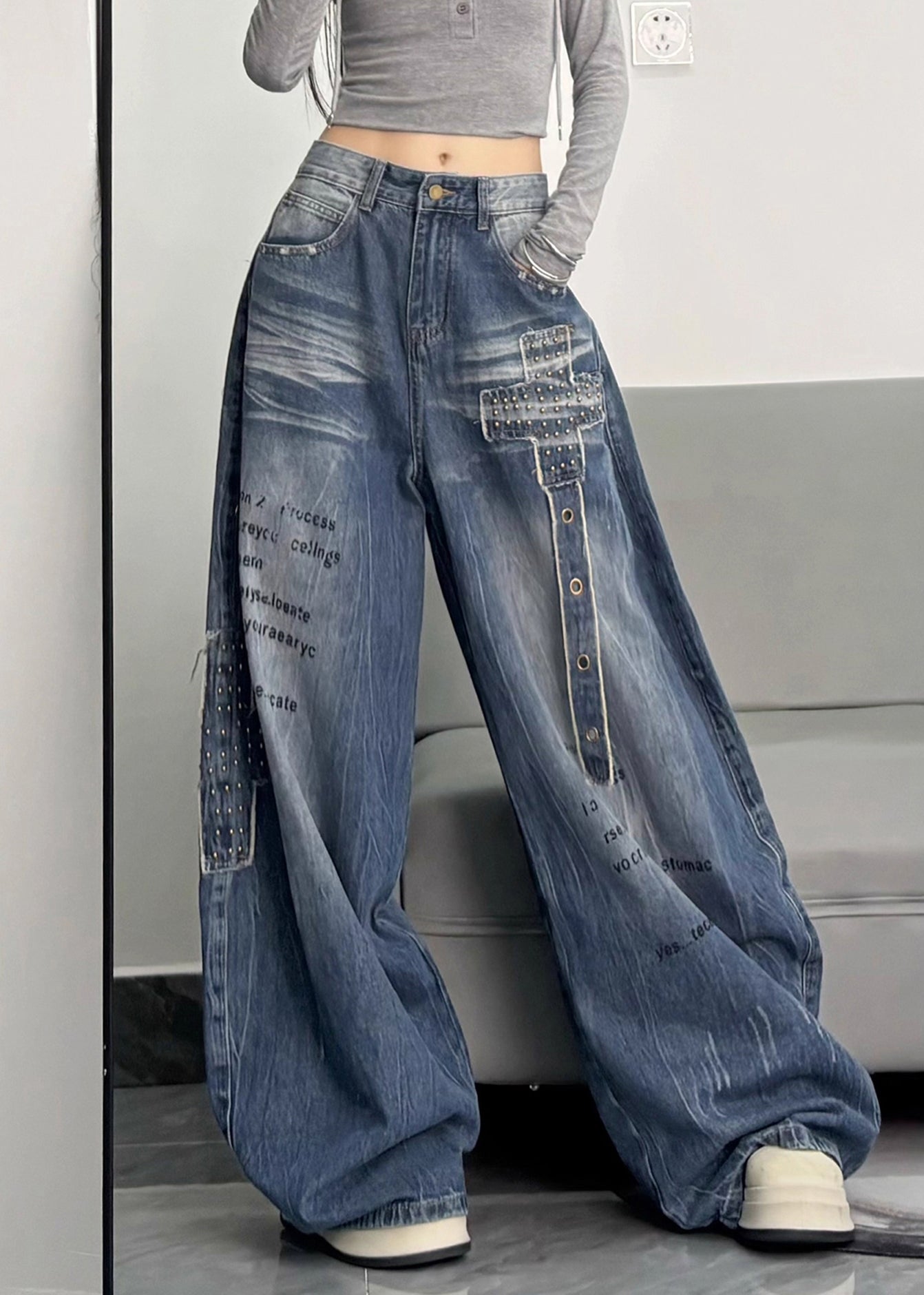 Unique Blue Oversized Rivet Warm Fleece Denim Pants Winter