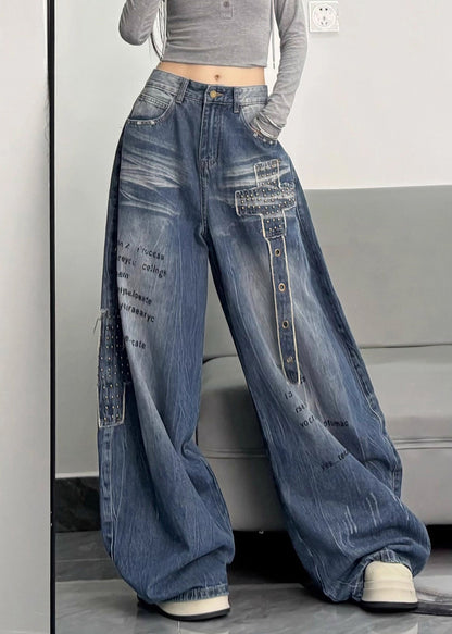 Unique Blue Oversized Rivet Warm Fleece Denim Pants Winter