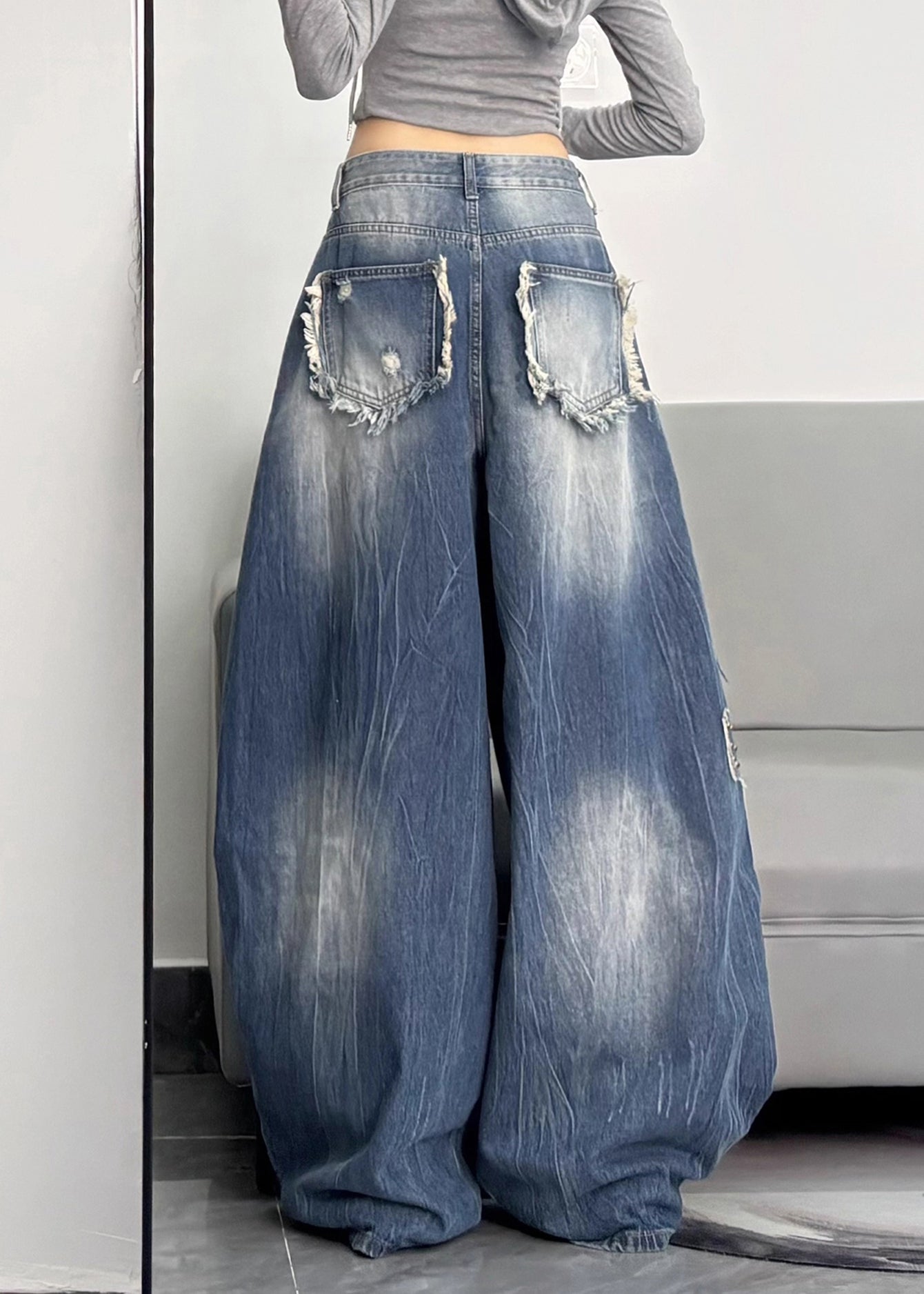 Unique Blue Oversized Rivet Warm Fleece Denim Pants Winter