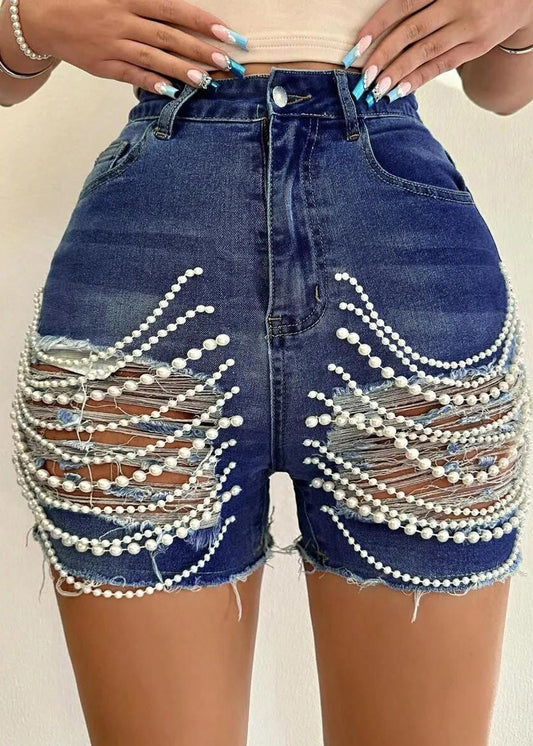 Unique Blue Patchwork Pearl Tassel Ripped Denim Shorts Summer