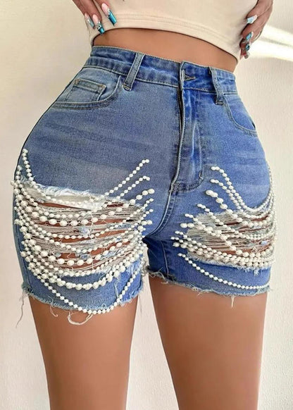 Unique Blue Patchwork Pearl Tassel Ripped Denim Shorts Summer