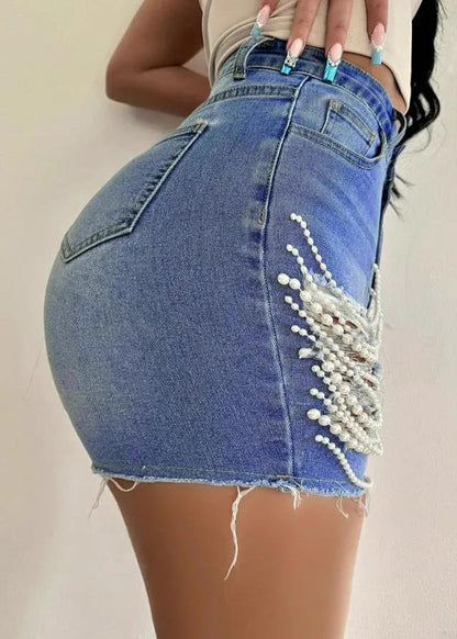 Unique Blue Patchwork Pearl Tassel Ripped Denim Shorts Summer