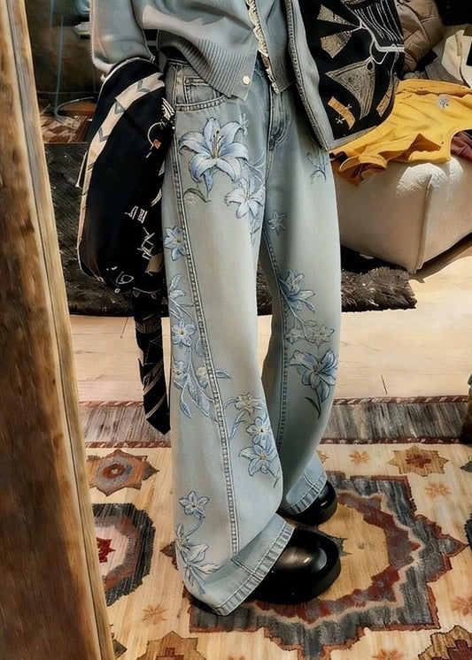 Unique Blue Pockets Print High Waist Denim Pants Spring