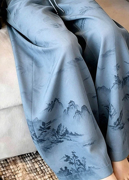 Unique Blue Print Drawstring Wide Leg Trousers Summer
