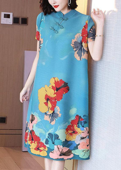 Unique Blue Print Floral Mandarin Collar Maxi Dresses Summer - SooLinen