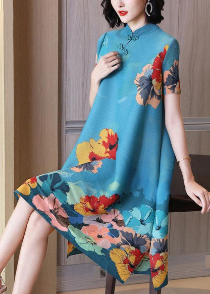 Unique Blue Print Floral Mandarin Collar Maxi Dresses Summer - SooLinen
