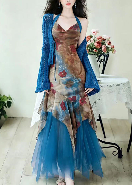 Unique Blue Print Patchwork Tulle Dress And Cardigan Two Pieces Set Fall