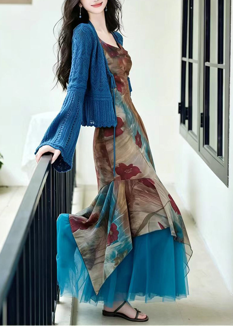 Unique Blue Print Patchwork Tulle Dress And Cardigan Two Pieces Set Fall
