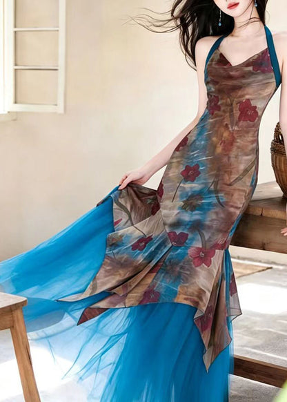 Unique Blue Print Patchwork Tulle Dress And Cardigan Two Pieces Set Fall