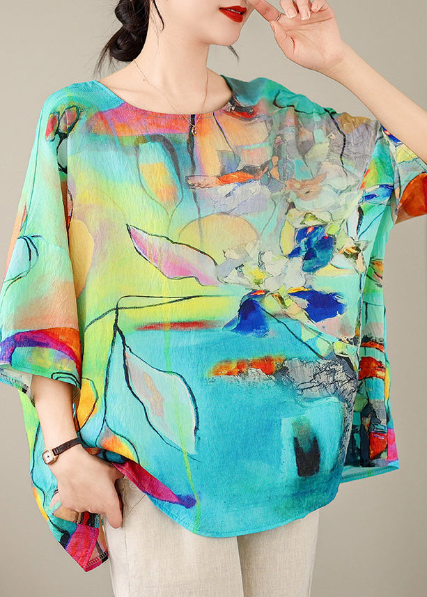 Unique Blue Print T Shirt Batwing Sleeve