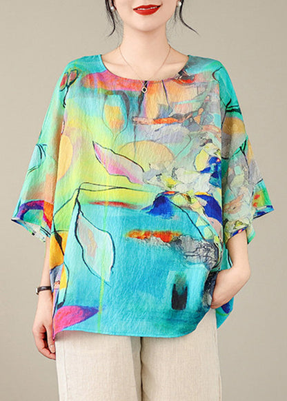 Unique Blue Print T Shirt Batwing Sleeve