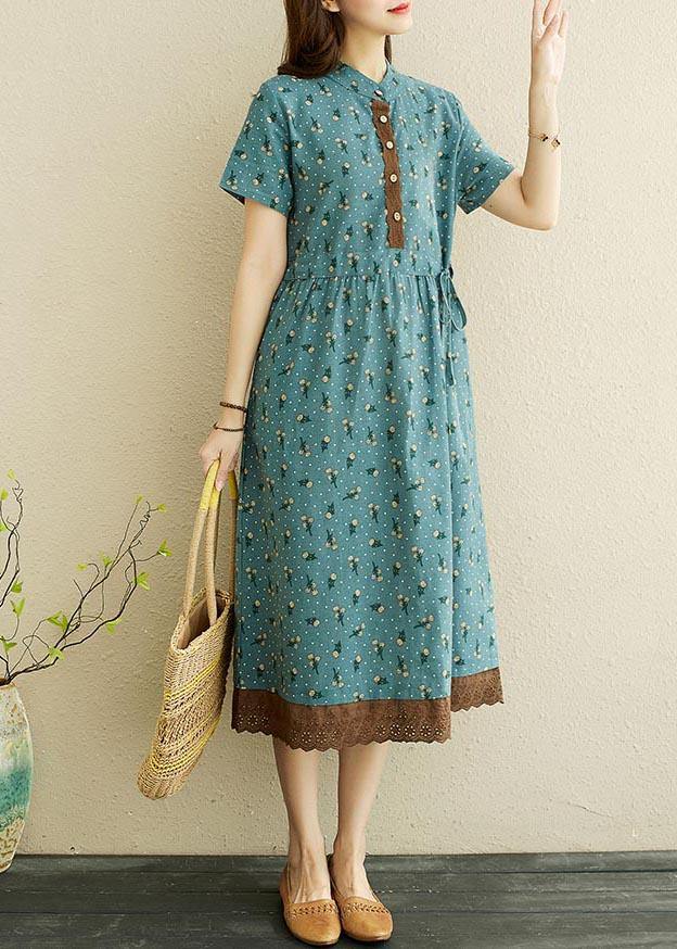 Unique Blue Print tie waist Long Summer Cotton Dress - SooLinen