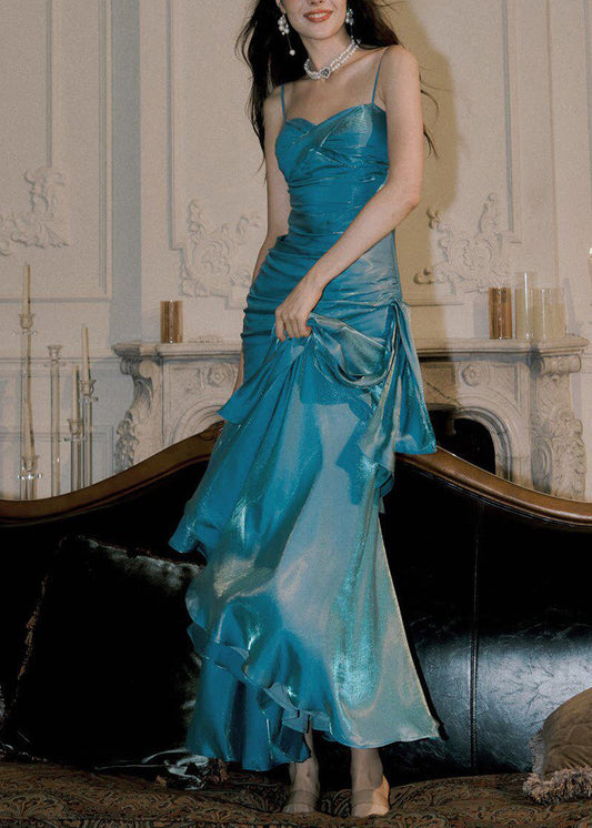 Unique Blue Ruffled Long Spaghetti Strap Dress Dresses Sleeveless
