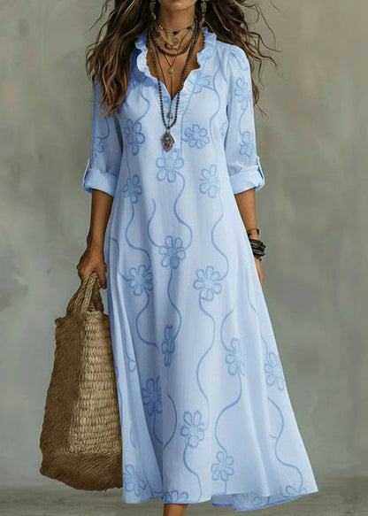 Unique Blue Ruffled Print Cotton Long Dress Summer