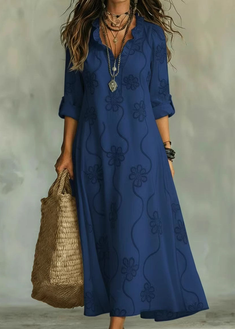 Unique Blue Ruffled Print Cotton Long Dress Summer