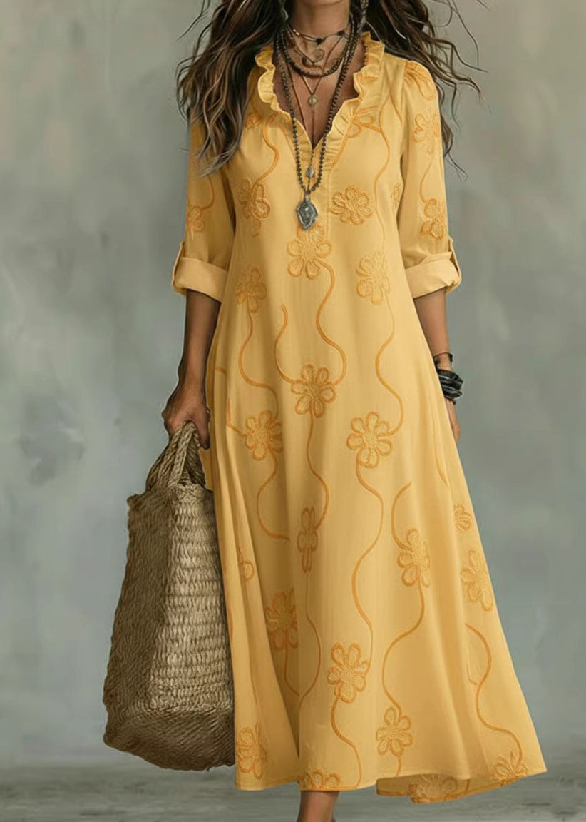 Unique Blue Ruffled Print Cotton Long Dress Summer