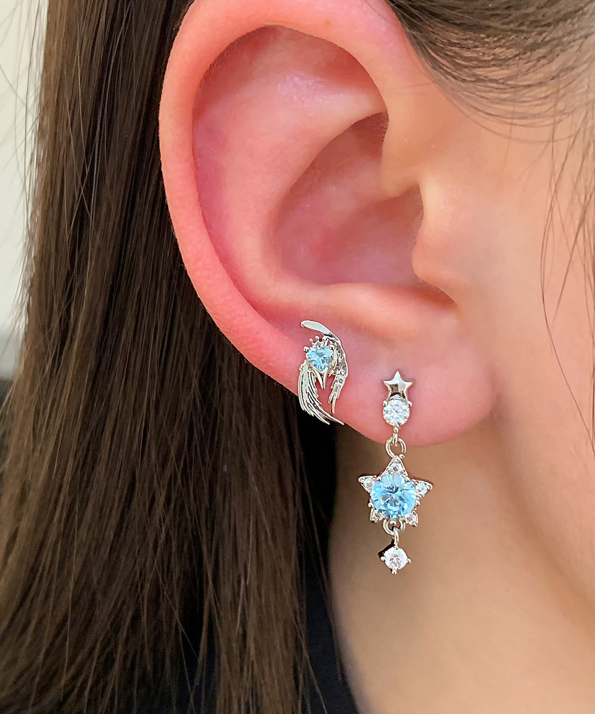 Unique Blue Stainless Steel Zircon Crystal Asymmetrical Drop Earrings