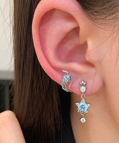 Unique Blue Stainless Steel Zircon Crystal Asymmetrical Drop Earrings
