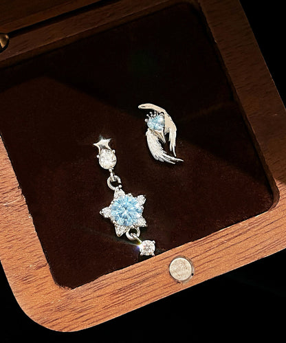 Unique Blue Stainless Steel Zircon Crystal Asymmetrical Drop Earrings
