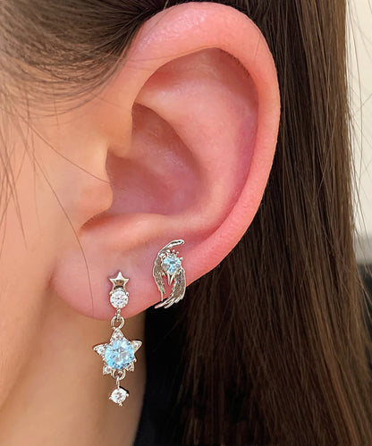 Unique Blue Stainless Steel Zircon Crystal Asymmetrical Drop Earrings
