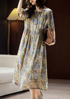 Unique Blue Stand Collar Print Button Linen Maxi Dresses Summer
