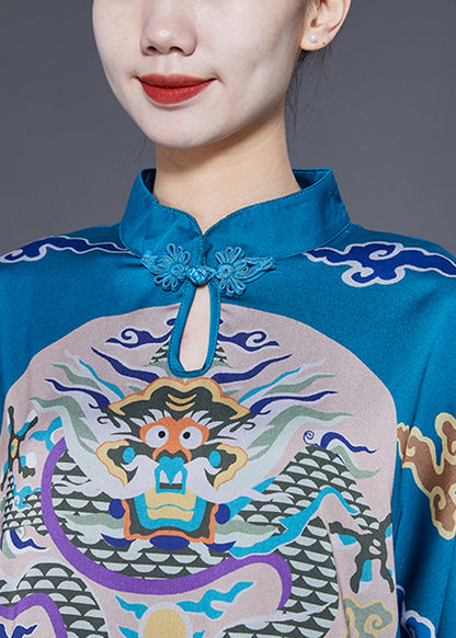Unique Blue Stand Collar Side Open Silk Chinese Style Dress Half Sleeve