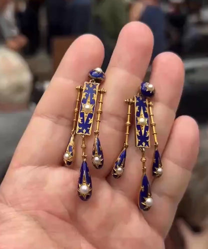 Unique Blue Sterling Silver Overgild Cloisonne Eight-Pointed Star Pearl Tassel Drop Earring