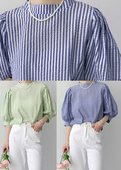 Unique Blue Striped Cotton Shirt Top Puff Sleeve