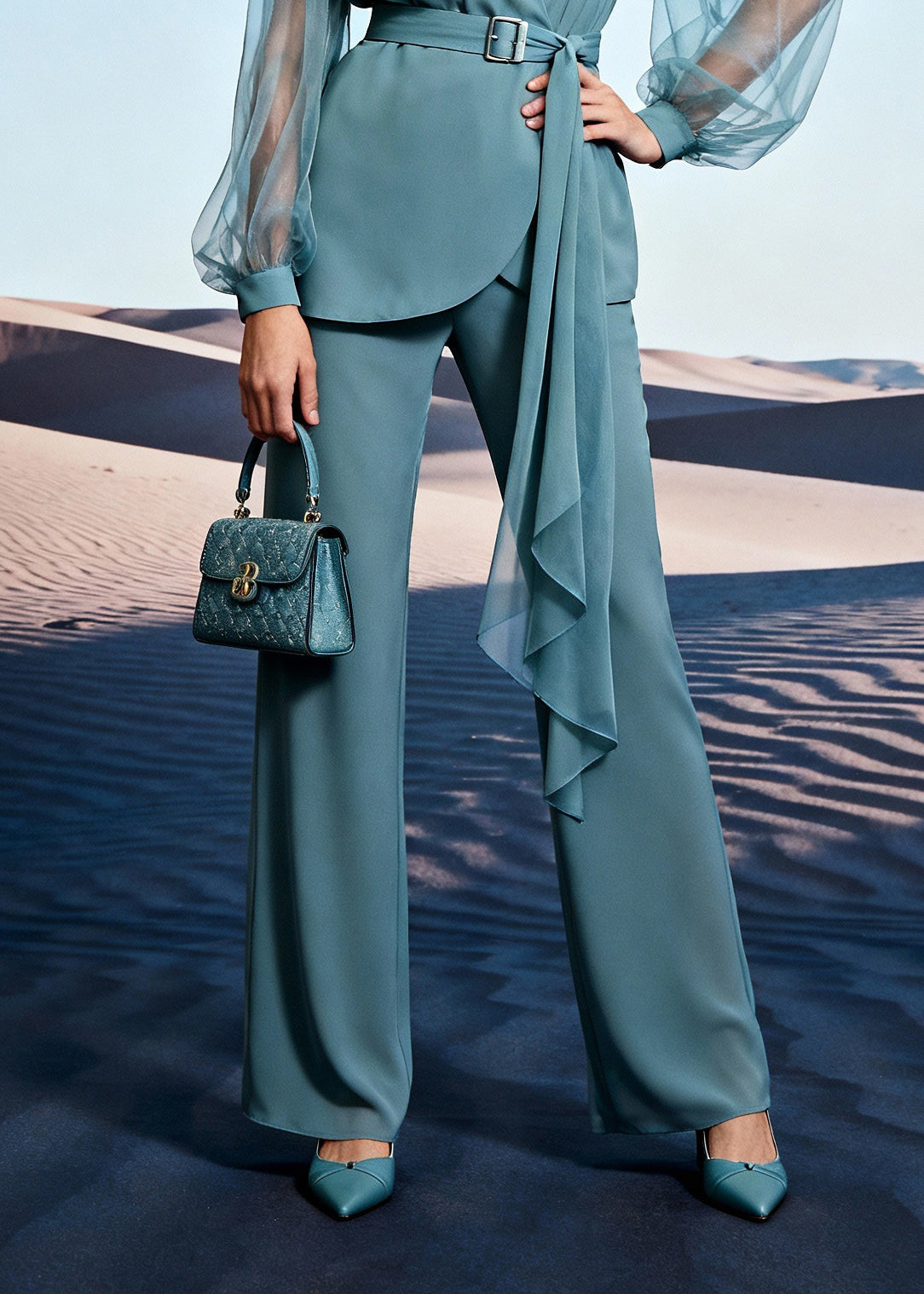 Unique Blue Tulle Patchwork Shirts And Wide Leg Pants Two Pieces Set Lantern Sleeve