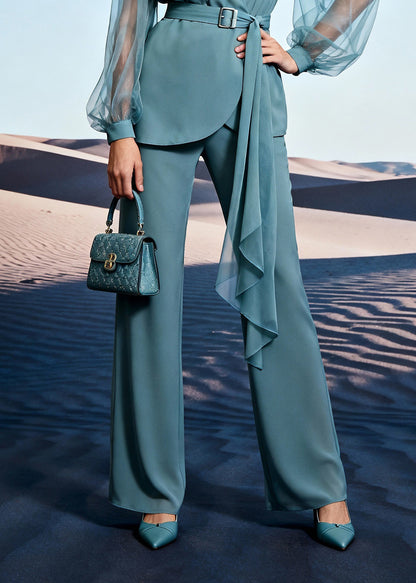 Unique Blue Tulle Patchwork Shirts And Wide Leg Pants Two Pieces Set Lantern Sleeve